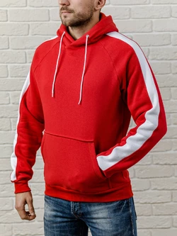 Красная мужская толстовка с капюшоном, теплая худи с лампасами, кофта, кенгурушка / ОСЕНЬ-ЗИМА
