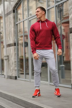 Спортивный костюм мужской весна-лето-осень (бордовая  худи + серые  штаны)