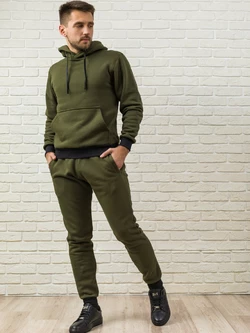 Теплый мужской спортивный костюм хаки (оливковый), худи с капюшоном и мужские теплые спортивные штаны